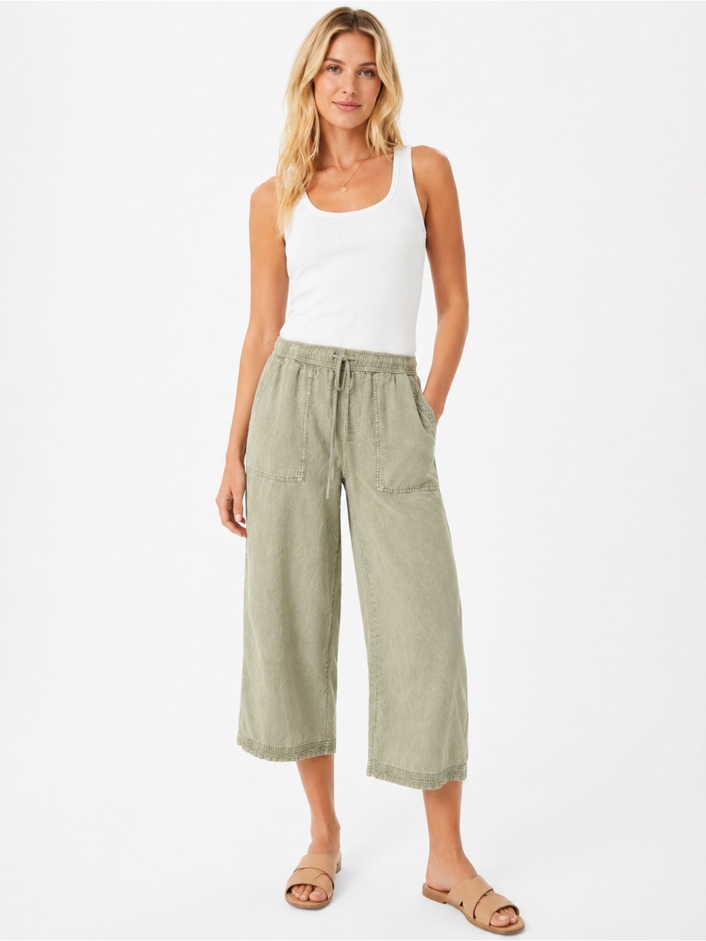 Joie Sage Green Linen Blend Wide Leg Drawstring Crop Pants L